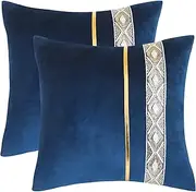 Tosleo Navy Blue Velvet Throw Pillow Covers 18 x 18 Pack of 2 with Gold Leather Sequine Embroidery Stripe Decorative Couch Luxury Pillow Cases for Wedding Living Room Bedroom Sofa Bed Cushion Cover