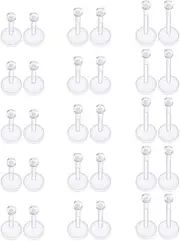 [Cisyozi] 16G Push in Treadless Plastic Clear Lip Labret Monroe Rings Studs Piercing Retainer for Surgery Bioflex Silicone Cartilage Tragus Helix Earrings Studs for Work Sport 2mm