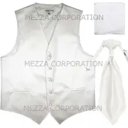New Men's Tuxedo Vest Horizontal Stripes Ascot Cravat Hankie set party White