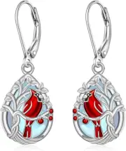 Tree of Life Moonstone Red Bird Cardinal Earrings Gift for Women Sterling Silver