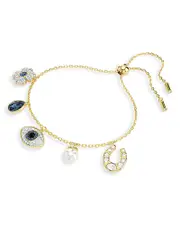 Swarovski Symbolica Crystal & Imitation Pearl Mixed Charm Slider Bracelet in Gold Tone