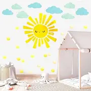 Watercolor Sun Cloud Wall Decals Large Sun and Clouds Wall Stickers Yellow Polka Dots Decal Peel and Stick Big Sun Wall Stickers for Kids Room Baby Nursery Bedroom Playroom Decor