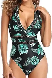 Women One Piece Swimsuits Sexy Hollow Out Mesh Deep V Neck Plunge Bathing Suit Backless Bodysuit Plus Size Beach