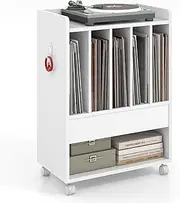 Giantex Record Player Stand, Rolling Turntable Stand with Drawer, Hook & Lockable Wheels, Vinyl Record Display Shelf Holds Up to 180 Albums, for Living Room Bedroom, White