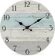 Silent Non-Ticking Wooden Decorative Round Wall Clock Quality Quartz Battery Operated Wall Clocks Vintage Rustic Country Tuscan Style Wooden Home Decor Round Wall Clock (12Inch, Coastal Worn Blue)