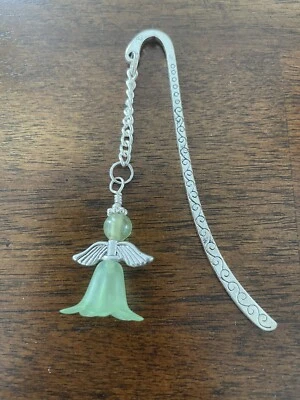 Handmade Green Angel Beaded Bookmark Silver-tone Shepherd Hook