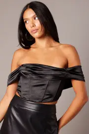 Black Corset Top Off Shoulder Satin - Size 14, Women's Crop Top
