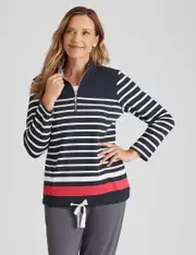 Millers Long Sleeve Border Stripe Half Placket Top - Size 18 - Womens - RED BORDER STRIPE