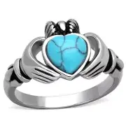 Stainless Steel King Claddagh Blue Turquoise Heart Irish Celtic Ireland Ring