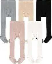 [Meeshine] 5 Pack Baby Girls Tights Toddler Cable Knit Leggings Footed Stockings Solid Cotton Pantyhose for Kids 1-8T