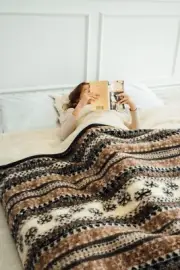 Natural Wool Blanket, Double-Sided Plaid, Warm Cozy Winter Bedding, Soft Durable