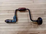 Vintage Hand Crank Brace Drill – Wood Grip Manual Tool, Rustic Workshop Decor