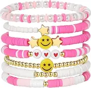 [YALASOBA] Preppy Bracelets Set Colorful White Gold Smile Heart Star Evil Eye Beaded Polymer Clay Pearl Stackable Charm Y2K Kidcore Summer Beach Bohemian Layering Bracelets Jewelry for Women Girls Teens