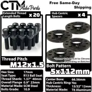 4x 12mm Thick 5x112 66.56mm CB Wheel Spacer 12x1.5 Black Bolt Fit Mercedes Wheel