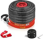 Synthetic Winch Rope 3/8" x 100'-23800 lbs Winch Line with Protective Sleeve,Forged Winch Hook,Safety Pull Strap go for 4WD Road Vehicle Truck SUV ATV UTV（Black Gray）…
