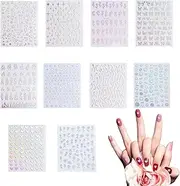 10PCS Nail Art Stickers Aurora Nail Sticker 3D Self Adhesive Holographic Laser Heart Star Moon Flower Butterfly Flame Smiley Rose Glitter Nail Stickers Nails Sticker &Decals for DIY Nail Design Nail