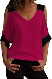 [Zylphorix] Women Contrast V-Neck Cold Shoulder T-Shirt Summer Bat Sleeve Off Shoulder Slim Tops Casual Fitting Patchwork Color Pullover Tee