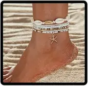 [Resweky] Boho 7Pcs Starfish Knit Ankle Bracelet Shell Seed Beads Elastic Anklets Charm Beach Dainty Foot Jewelry Gifts For Women Girls