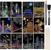 12 PCS Scratch Art Paper, DIY Scratch Art with Scratching Tools Kit, Scratch Art for Adults and Kids, World Famous Cities and Buildings(A5 Size)