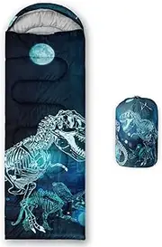 Blue Dinosaur Sleeping Bags for Adults and Kids, Backpacking Camping Sleeping Bags for Girls and Boys Lightweight Waterproof Cold/Warm Sleeping Bags for Season Outdoor Travel with Compression Bag