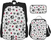 Love Cat Paw Heart Puppy Foot Print Print School Backpack Adjustable Shoulder Straps,Lunch Bag Pencil Case 3-In-1 Set Bag, Black, One Size
