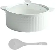 Ceramic Soup Tureen with Lid and Spoon, White Ceramic Serving Tureen with Handle, Round Casserole with Glass Lid for Home Restaurant, Microwave and Dishwasher Safe
