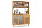 Giantex Bamboo Buffet Cabinet Wine Bar Kitchen Cupboard w/Glass & Rattan Door Pantry Cabinet Sideboard Dining Room