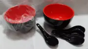 New Porcelain Chinese Asian Style Rice Soup Bowls w/ Spoons Red & Black