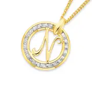 9ct Gold Cubic Zirconia Round Script Initial N Pendant in Clear
