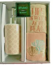 Avanti Fingertip Towels and Soap Lotion Dispenser Set Embroidered Beach Summer