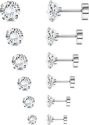 [LOYALLOOK] 6Pairs G23 Titanium Flat Back Stud Earrings for Women Men Titanium Round CZ AB Cartilage Earring Studs for Sensitive Ears Hypoallergenic Screw Back Ear Piercing Set 20G 2-8MM