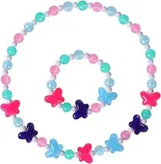 Maeoetty Girls Jewelry Set - Cute Butterfly Beads Necklace Bracelet-Toddler Girls Butterfly Jewelry - Stretchy Chunky Costume Jewelry Present Toy-Style 1