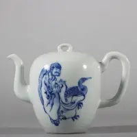 在飛比找Yahoo!奇摩拍賣優惠-(二手)-青花詩文人物壺陶瓷茶壺-高10厘米、寬14.5厘米