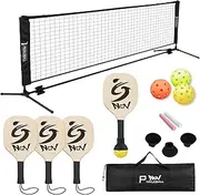 NQV Pickleball Set With 10FT Half Court Portable Net for Outdoor Indoor Driveway Home - 4 Paddles, 4 Balls, Storage Bag, 2 Chalks - Black