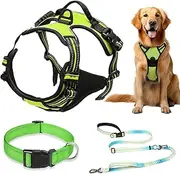 No Pull Dog Harness – Adjustable, Reflective for Extra Large Dogs Includes Matching Collar Hands-Free Waist Leash Durable Oxford Material, Escape-Proof, No Choke Harness - (Green, XL)