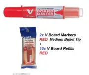 Pilot V Board Master Whiteboard Marker Bullet - 2x RED markers + 10x REFILLS RED