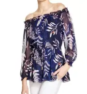 * NWT DianeVonFurstenberg Camila Chiffon OffShoulder Blouse Blue with Leafs 10