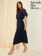 Friends Like These Navy Scuba Chiffon Flutter Sleeve Midi Dress (W33617) | $106