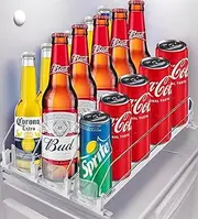 Drink Organizer for Fridge, Soda Can Organizer Dispenser for Refrigerator with Automatic Pusher Glide, Width Adjustable White Dividers Can Holder for 20Cans Beverage, 38cm x25cm, 3 Rows