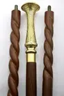 Brass Long Knob Head Handle Brown Spiral Design Wooden Walking Stick Cane Gift