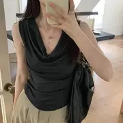 Cowl Neck Plain Slim Fit Crop Tank Top Dark Gray - M