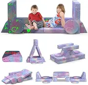 BIERUM Kids Couch, 12PCS Modular Kids Play Couch with Blanket, Kids Sofa Couch with Glow Effects for Playroom & Indoor, Convertible Toddler Couch for Girls and Boys