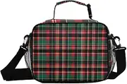 Red Green Plaid Fabric Insulated Lunch Box for Women Men - Ideal for Work, Picnics - Includes Adjustable Shoulder Strap