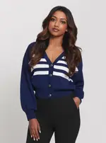 GUESS Navy Stripe Rachel Knit Cardigan in Blue Size: Small, Viscose Rayon