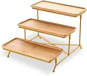 3 Tier Serving Tray Set, Serving Stand with Wooden Serving Platter, Collapsible Sturdy Stand with Stable Cross Bars, Food Display Stands & Charcuterie Board for Party, Picnic, Buffet