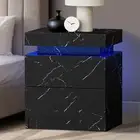 Oikiture Bedside Table 2 Drawers LED Side Tables Nightstand Marble Effect Black