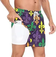 [GuoChe] Mens Swim Trunks Mens 2 in 1 Workout Running Shorts Mardi Gras Colorful Fleur De Lis Purple Carnival Phone Pocket