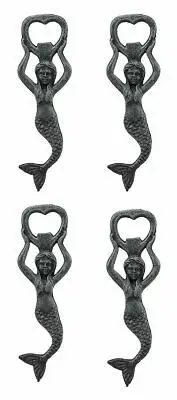 Rustic Verdigris Cast Iron Nautical Siren Mermaid Beer Bottle Opener Set Of 4