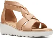 Clarks Womens 6.5 M Jillian Bright Wedge Sandal, Light Tan Leather NEW