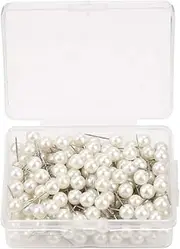 100PCS Pearl Push Pins, Decorative Thumb Tacks Round Short Pearl Head Pins Drawing Ball Map Pins Tack Push Sewing Box for Straight Pins for Crafting DIY Wedding (Pearl Pins for Flower White)